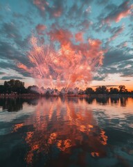 Poster - Immersive Urban Celebration Cinematic Fireworks Explosion Reflecting Ethereal Sunset Colors - Dynamic Event Marketing and Atmospheric Digital Experience Design