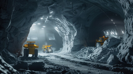 Poster - This Robots operate in a dark tunnel, extracting regolith for refining on an asteroid mining mission.