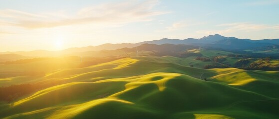 Poster - Eco-Futuristic Renewable Energy Landscape Golden Sunset Wind Power Integration with Serene Agricultural Terrain - Climate Solutions Visual Narrative