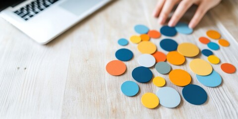 Fototapete - Minimalist Design Workflow Colorful Project Management Circles on Textured Wood - Creative Digital Productivity and Strategic Planning Visualization