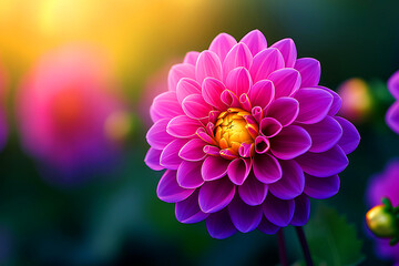 Wall Mural - Lush purple dahlias flourish in a natural farm setting, kissed by the warm golden light of a setting sun. Copy space.
