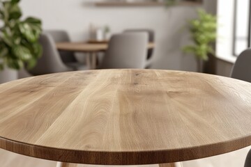 Poster - Minimalist Remote Work Sanctuary Ergonomic Oak Round Table with Flexible Seating - Modern Hybrid Workspace Design for Productivity and Wellness