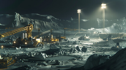 Poster - This Advanced machinery operates in a dimly lit asteroid environment, focusing on regolith extraction.