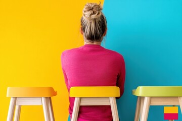 Poster - Vibrant Minimalist Workspace Design Creative Color-Block Seating Arrangement Showcasing Modern Workplace Aesthetics and Innovative Ergonomic Trends for Gen Z Professionals