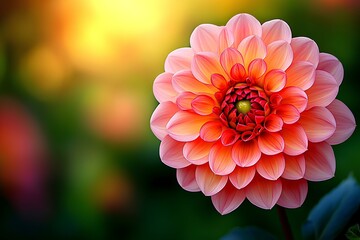 Wall Mural - A picturesque farm of blooming peach dahlias, their vibrant petals glowing in the golden light of sunset. Copy space.