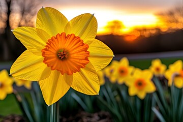 Wall Mural - A sustainable flower farm with yellow daffodil in full bloom, illuminated beautifully by the soft sunset glow. Copy space.