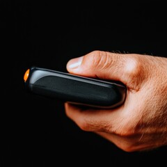 Leinwandbilder - Minimalist Tech Ergonomics Sleek Black Mobile Device in Human Grip - Cutting-Edge Digital Interface Design Showcasing Modern Consumer Electronics Innovation