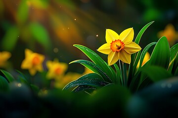 Wall Mural - Beautiful yellow daffodil flowers bloom in a sustainable flower farm, creating a picturesque landscape at sunset. Copy space.