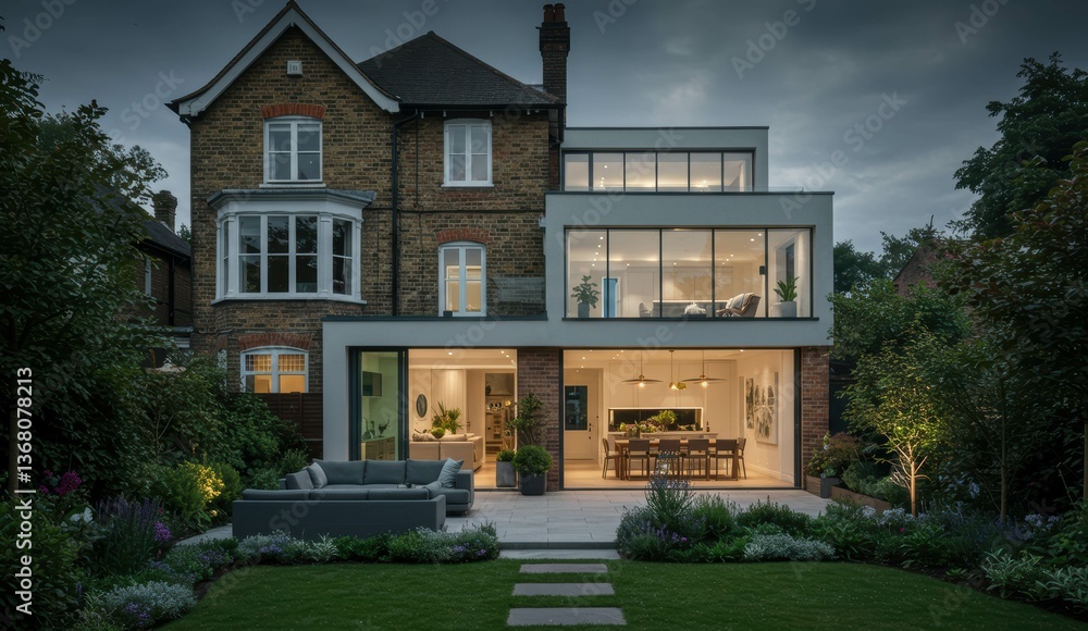 Modern house with large glass windows and landscaped garden in London ...