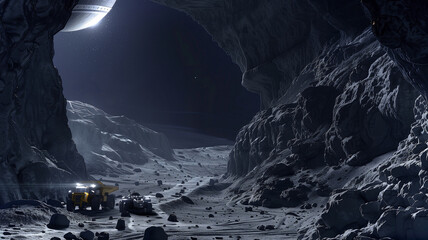 Poster - This Machinery operates on an asteroid, extracting regolith in a futuristic excavation effort.