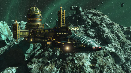Poster - This futuristic refinery is actively excavating regolith on an asteroid in outer space.