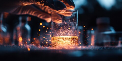 Poster - Neuro-Immersive Science Visualization Glowing Liquid Experiment in Cinematic Macro - Next-Gen Research Aesthetic for Digital Innovation