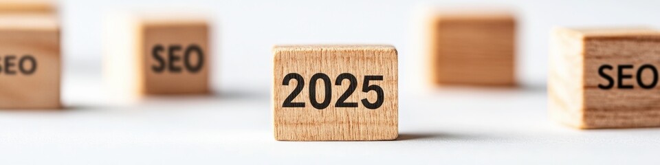 Poster - Minimalist SEO 2025 Wooden Block Strategy Futuristic Digital Marketing Concept Revealing Next-Generation Search Optimization Trends and Innovative Content Discovery