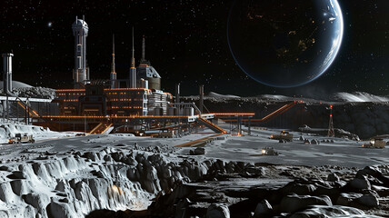 Poster - This Large facility conducts asteroid regolith excavation and mineral extraction in a futuristic setting.
