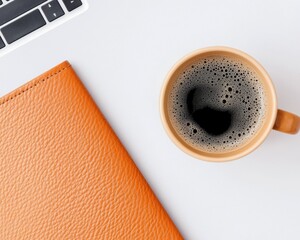Poster - Minimalist Workspace Essentials Textured Orange Leather Productivity Planner and Artisan Espresso - Remote Work Design Inspiration for Modern Professionals