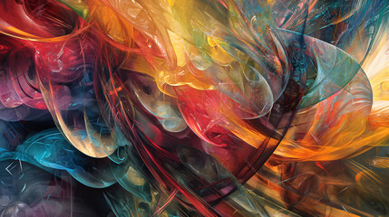 Wall Mural - colorful abstract painting featuring a fusion of dynamic fragmented shapes and flowing organic eleme