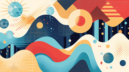 Wall Mural - unique colorful abstract background featuring a fusion of harsh geometric shapes and fluid organic f