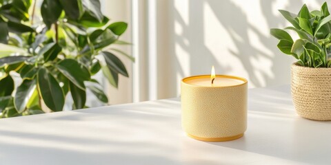 Aufkleber - Mindful Workspace Serenity Minimalist Gold Candle with Biophilic Greenery - Wellness-Focused Home Office Design for Productivity and Inner Balance