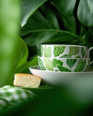 Poster - Botanical Breeze Biophilic Ceramic Tea Set with Monstera Leaf Pattern - Wellness-Inspired Home Styling for Mindful Urban Living and Sustainable Lifestyle Content