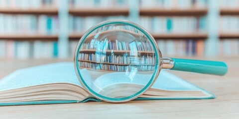 Aufkleber - Mindful Knowledge Discovery AI-Enhanced Research Visualization with Aqua Magnifying Glass on Scholarly Book - Innovative Learning Methodology for Digital Academia