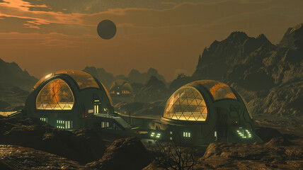 Poster - This futuristic asteroid mining facility is busy extracting regolith under a cloudy sky.