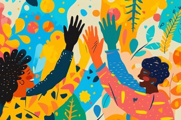 Aufkleber - People celebrating success with a vibrant floral backdrop while giving high fives