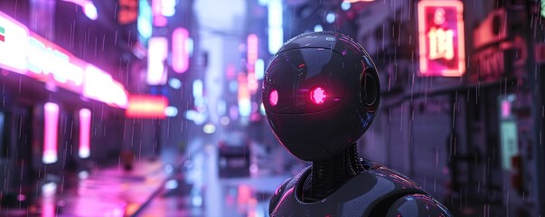 Aufkleber - Futuristic robot with illuminated eyes stands in a neon-lit city at night while it rains