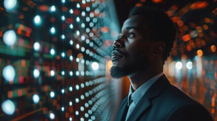 Fototapete - At night, a businessman gazes at illuminated cryptocurrency stock market data on a wall