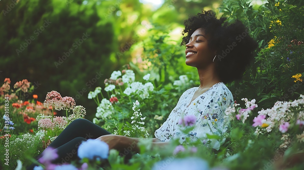 Happy woman relaxing in a colorful flower garden. Stock Photo | Adobe Stock