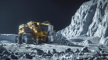 Poster - This large vehicle is actively excavating regolith on an asteroid's surface, refining materials.