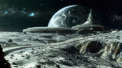 Poster - This Workers are engaged in asteroid regolith excavation at a high-tech lunar refinery during night.