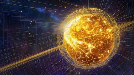 Poster - This glowing star encased in energy grids, symbolizing futuristic stellar mining in deep space.