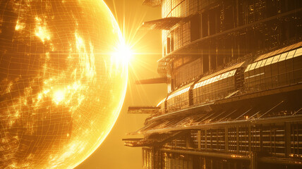 Poster - This futuristic structure operates on asteroid regolith extraction, illuminated by a bright sun.