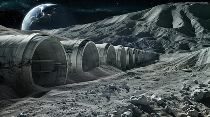 Poster - This Workers operate machinery to extract valuable regolith from an asteroid base on the lunar surface.