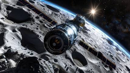 Poster - This spacecraft orbits an asteroid, mining, with stars and distant planets in the backdrop.