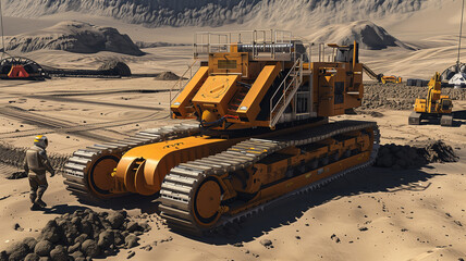Poster - This Heavy machinery operates on an asteroid surface, excavating regolith for resource extraction.
