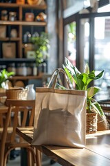 Poster - Promoting sustainable living: beige reusable shopping bag on wooden table in zero waste store