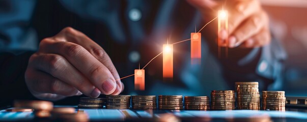Leinwandbilder - Businessman analyzing a growing graph with coins stacked on a desk, symbolizing financial success and investment growth