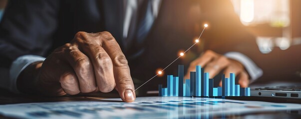 Poster - Businessman examines a digital tablet showing a financial chart indicating strong business growth