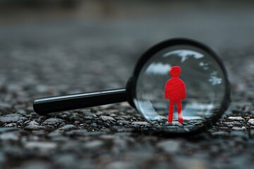 Poster - Searching and selecting with a magnifying glass focused on a red paper cut out figure on asphalt