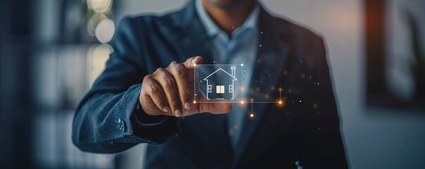 Aufkleber - Businessman using a home icon to search for and buy property online