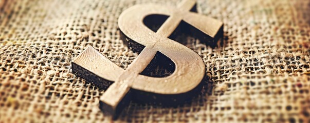 Poster - Large dollar symbol rests on a burlap backdrop, symbolizing business and finance