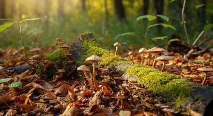 Wall Mural - mushrooms growing on moss-covered log in sunlit forest