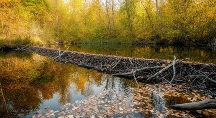 Wall Mural - tranquil autumn forest with beaver dam over reflective pond