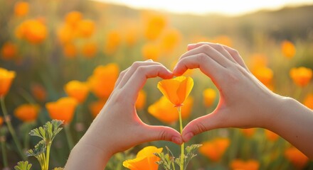 Wall Mural - hands forming heart shape around yellow flower in sunlit field