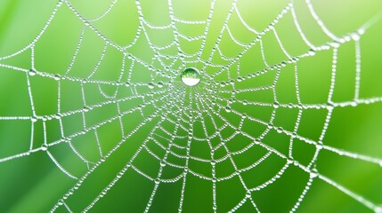Glistening Dew on Spider Web in Morning Sunlight, Nature's Intricate Design