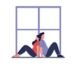 © Cansu - Couple sitting back to back by a window in flat vector art