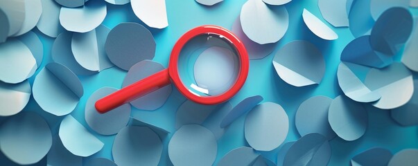 Fototapete - Red magnifying glass on a blue surface surrounded by scattered papers, depicting the quest for information