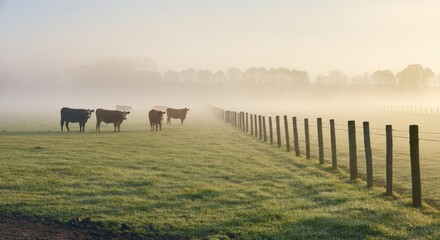 Wall Mural - Cows grazing in misty field with fence extending into distance
