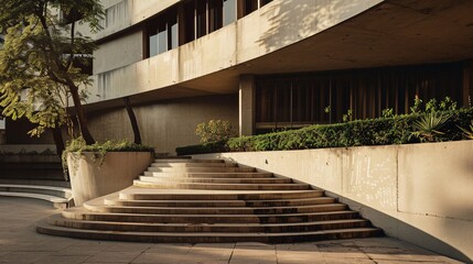 Poster - Staircase leading to the entrance of a modern concrete building bathed in sunlight